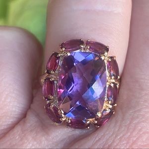 14k Yellow Gold Plated Genuine Gemstone Amethyst, Rhodolite Garnet Size 7